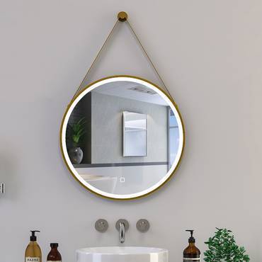 مراية دائرية تعليق فريم ذهبي مطفي LED 60×60 سم – مرآة حمام بثلاثة ألوان إضاءة