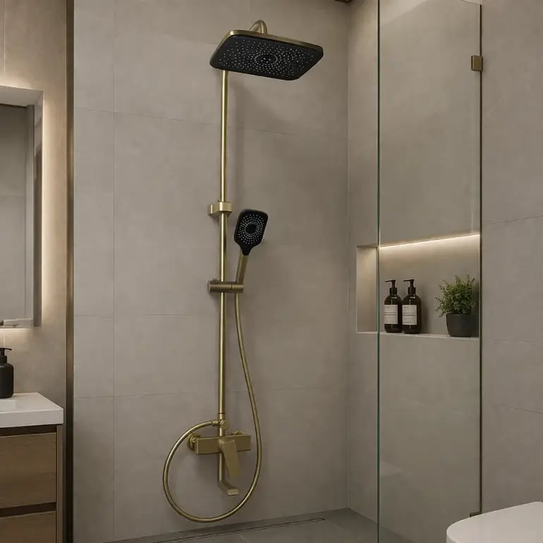خلاط دش كامل نحاس مع رأس مطري وسماعة يدوية ذهبي مطفي – تصميم مودرن فاخر