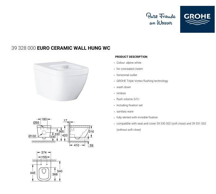 مرحاض جروهي GROHE Euro Ceramic معلق ريملس مع غطاء هيدروليك - أبيض