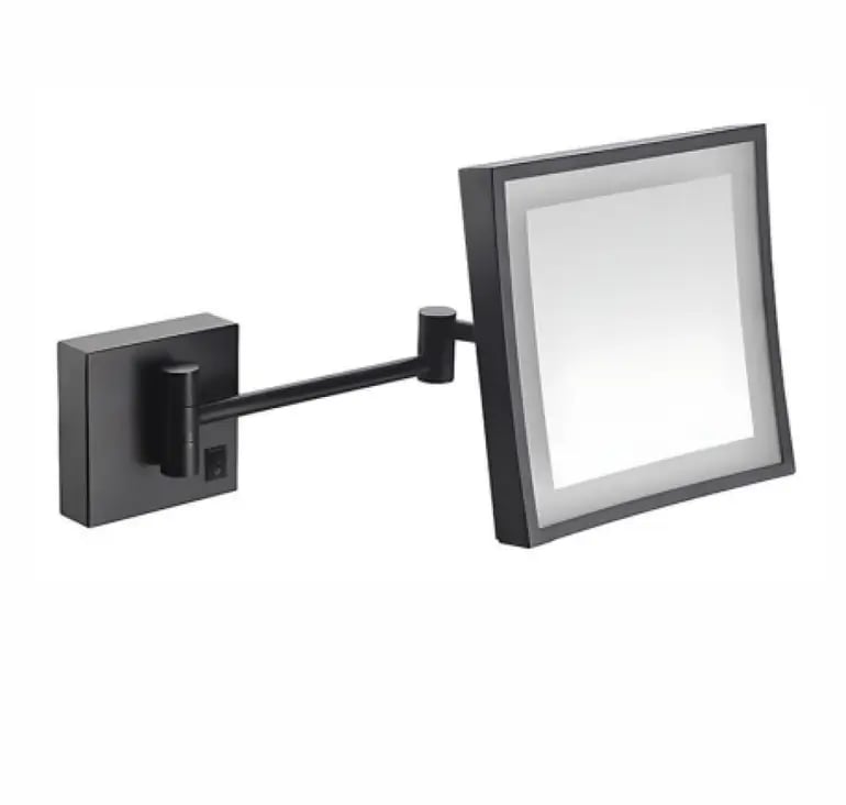 مرآة مكبرة LED جدارية مربعة – أسود مطفي (Matte Black) وجهين وذراع متحرك