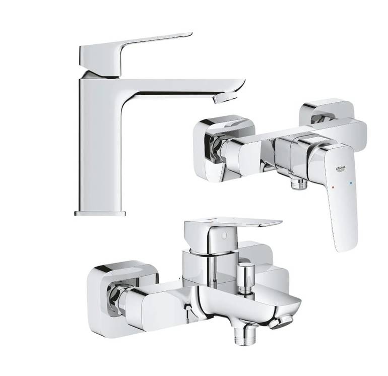 طقم خلاطات جروهي GROHE Cubeo متكامل 3 قطع (مغسلة + بانيو + شطاف) - كروم