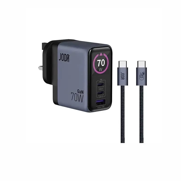 شاحن جداري جودا VoltLux بقوة 70 واط بمنفذين تايب سي ومنفذ USB مع سلك تايب سي