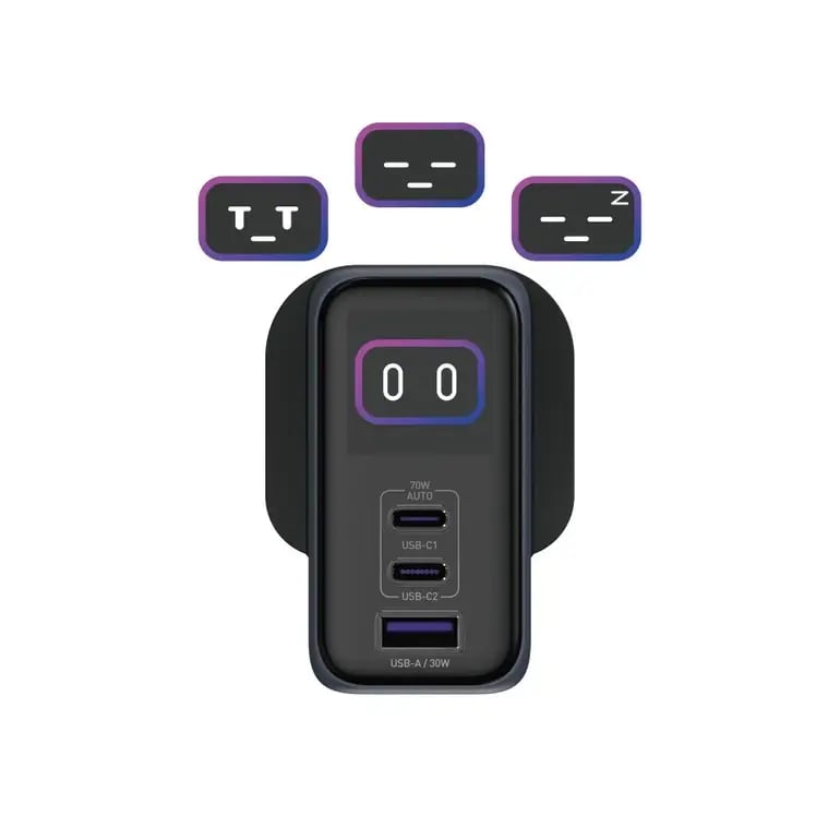شاحن جداري جودا VoltLux بقوة 70 واط بمنفذين تايب سي ومنفذ USB مع سلك تايب سي