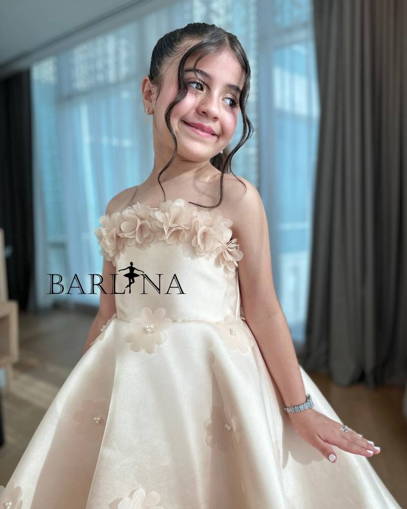 Girls' off-shoulder melon-colored evening dress