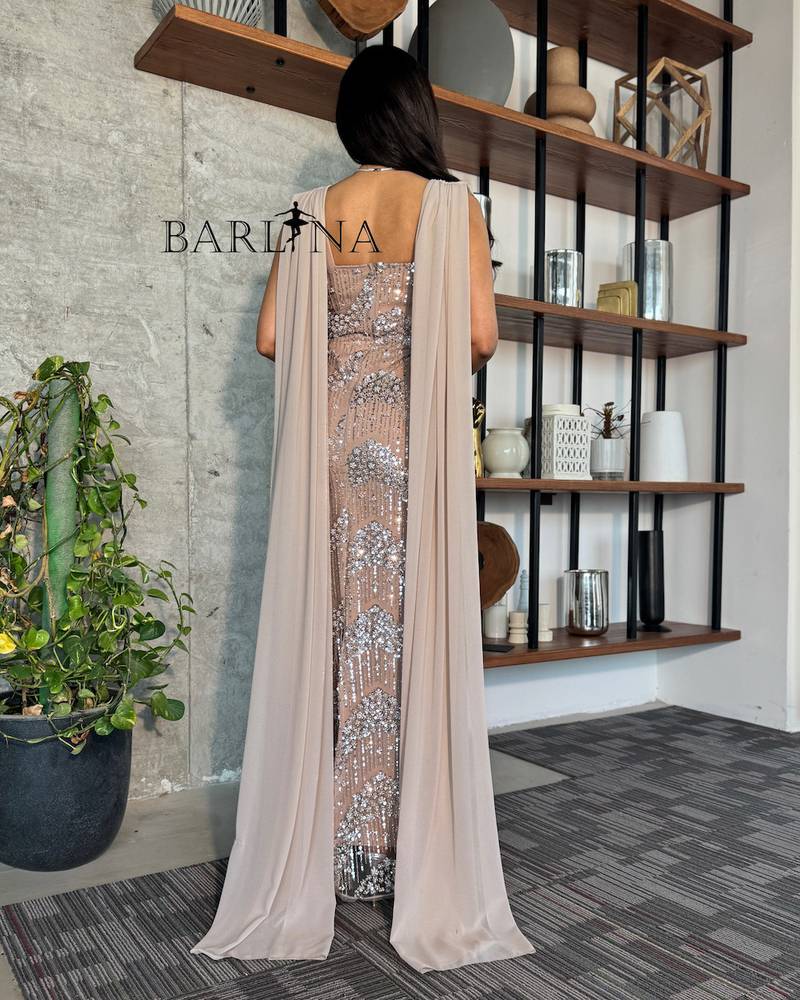 Beige dress with shimmering embroidery and a long shawl