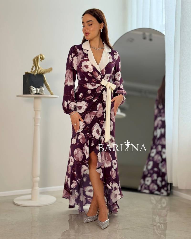 Dark purple floral dress with a white collar
