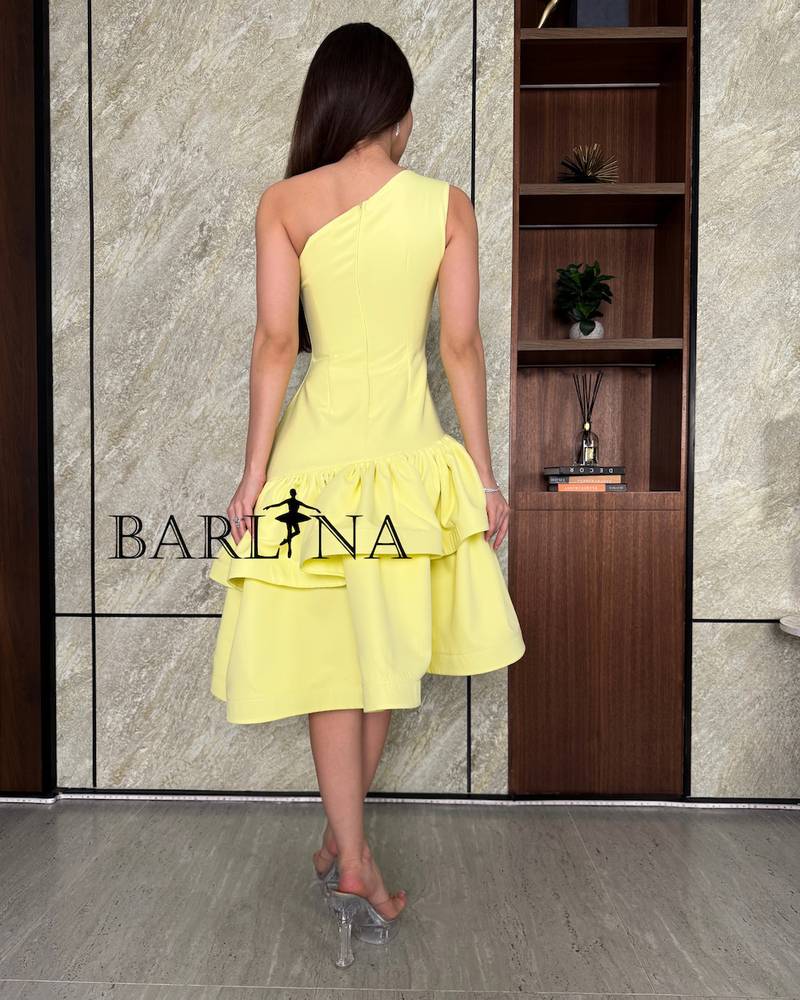 Yellow one-shoulder dress with double ruffles
