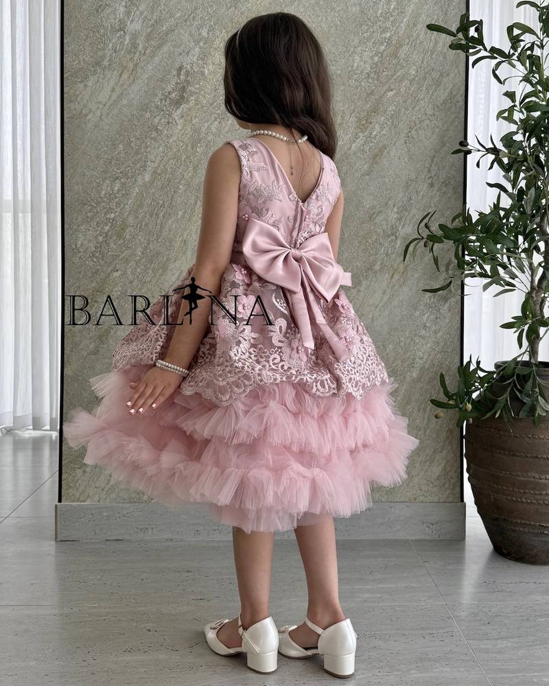 Girls' pink patterned dress with ruffled tulle