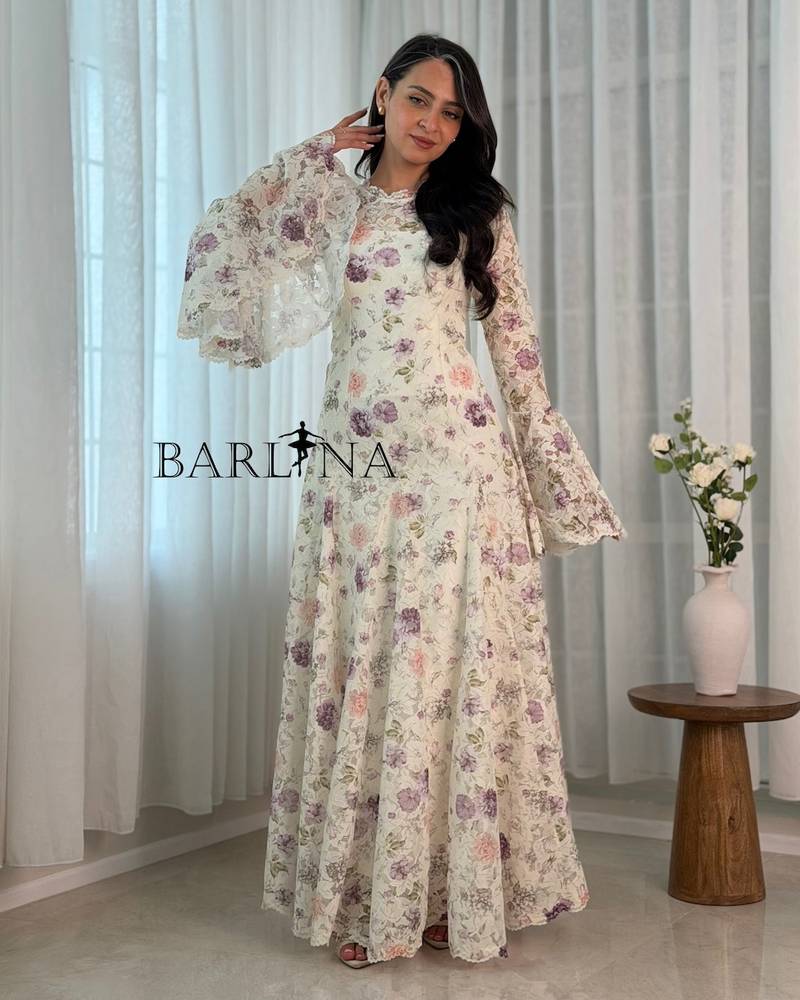 Off-white floral maxi dress with wide sleeves