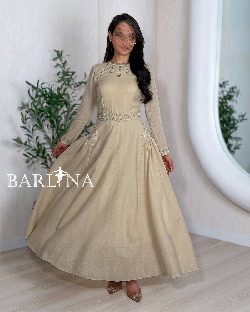 Long beige jalabiya with delicate beaded details