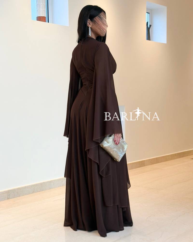 Soft brown chiffon dress with a draped design
