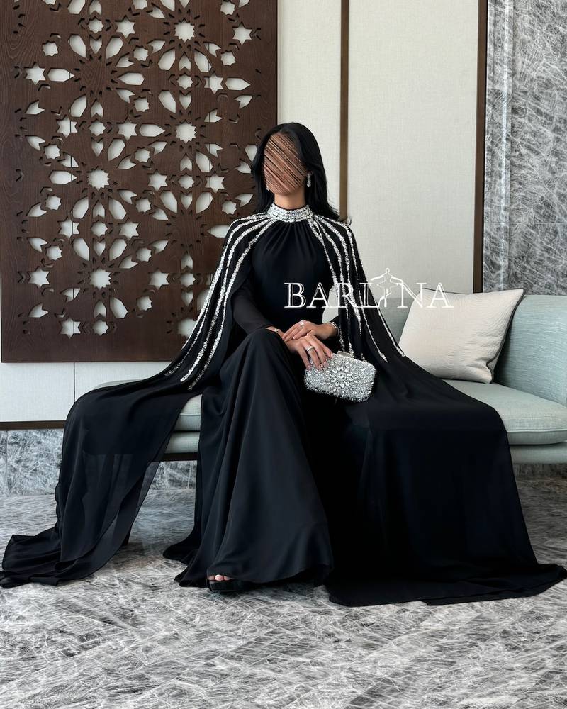 Long black chiffon cape dress decorated with sequins
