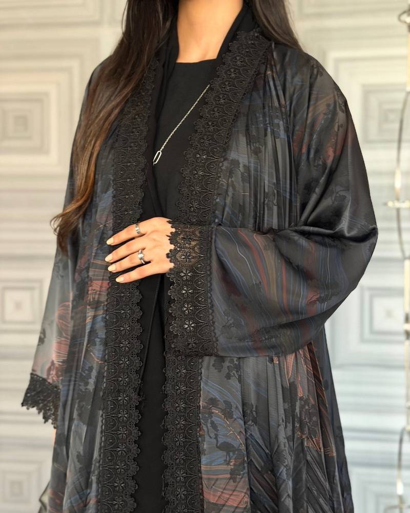 Black floral abaya with lace trim