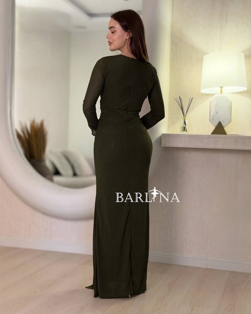 Elegant dark olive dress with a draped design