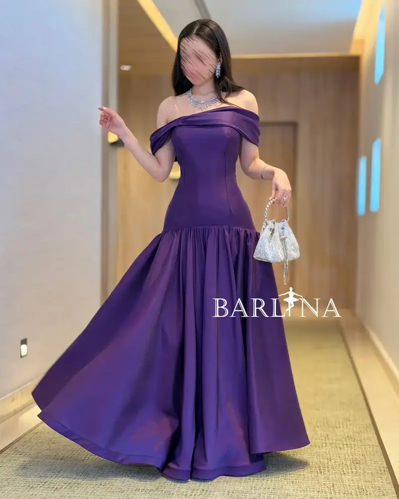 Royal purple off-shoulder evening dress