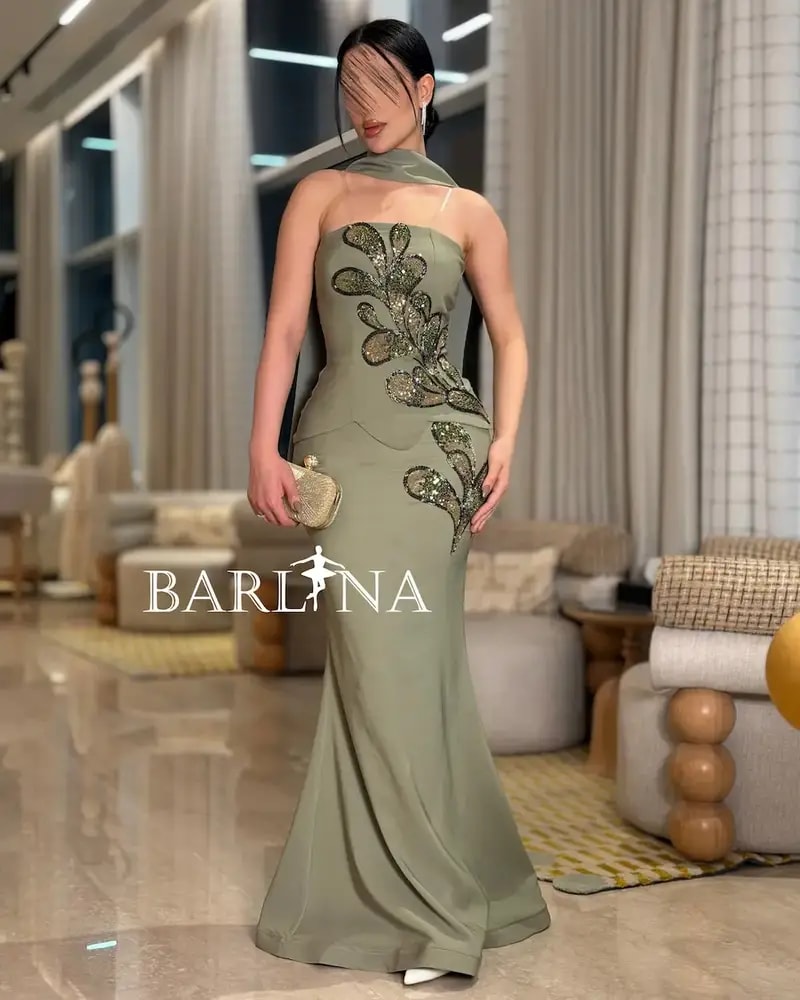 Olive green dress with shimmering bead embroidery