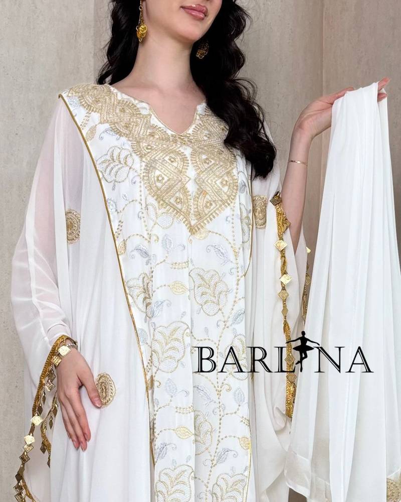 Luxurious jalabiya with gold embroidery and a shawl