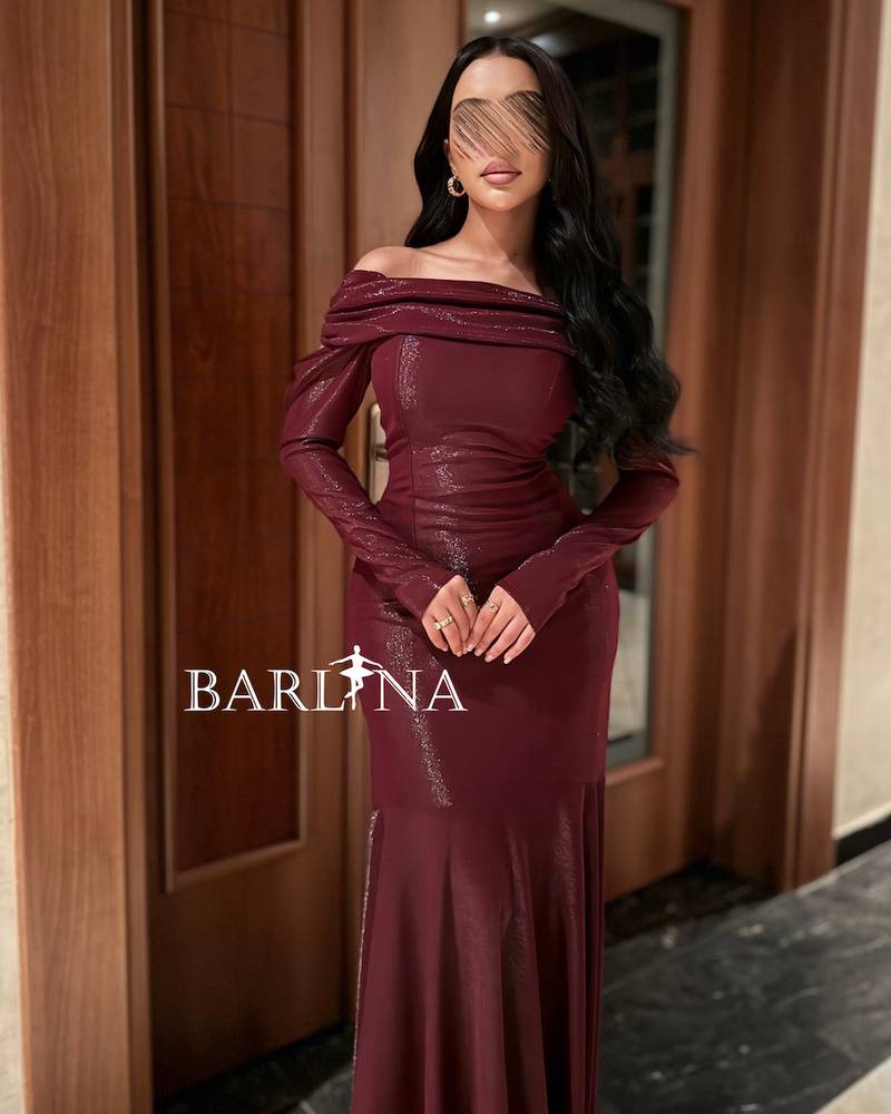 Burgundy off-shoulder dress with a simple design