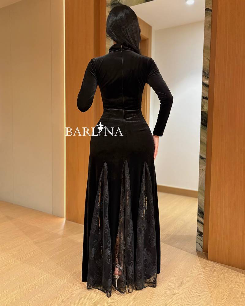 Black velvet dress with sheer lace details