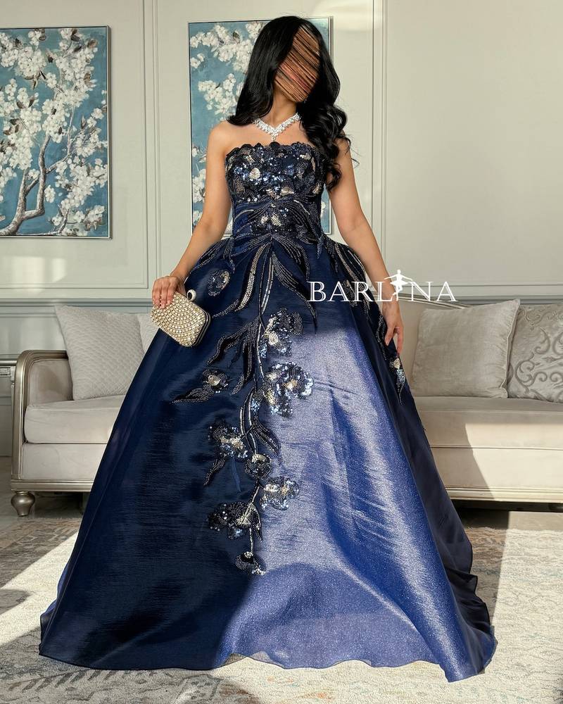 Navy blue open neck evening dress