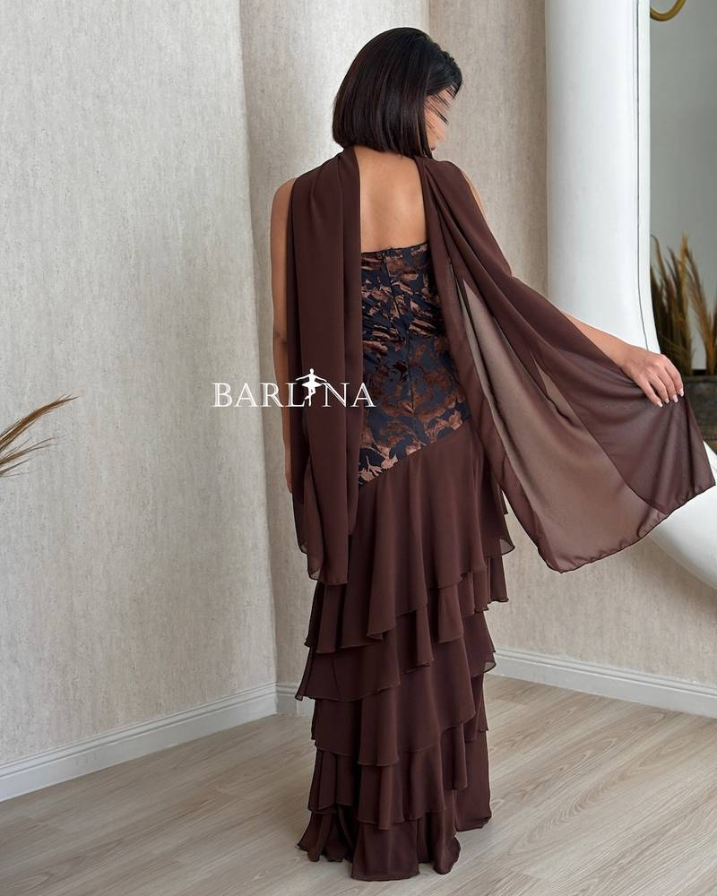 Brown floral dress with soft layers at the bottom