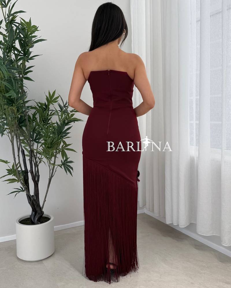 Burgundy dress with roses and fringed ends