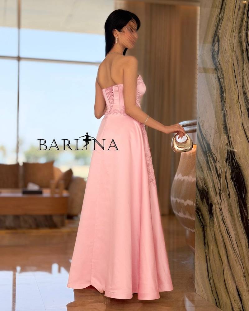 Long pink evening dress with a straight neckline