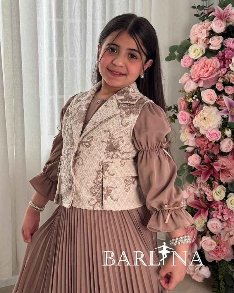 Brown two-piece girl's dress with a patterned jacket