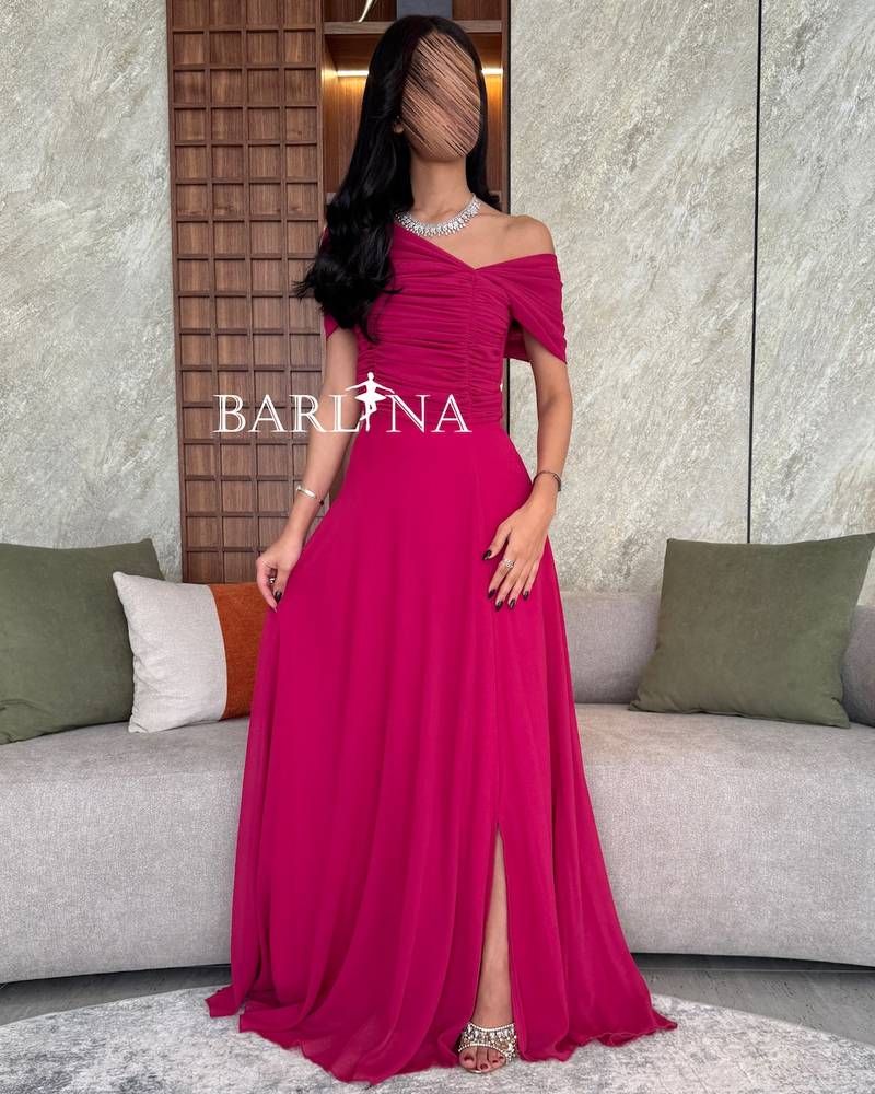 Elegant long ofF-the-shoulder dress in fuchsia