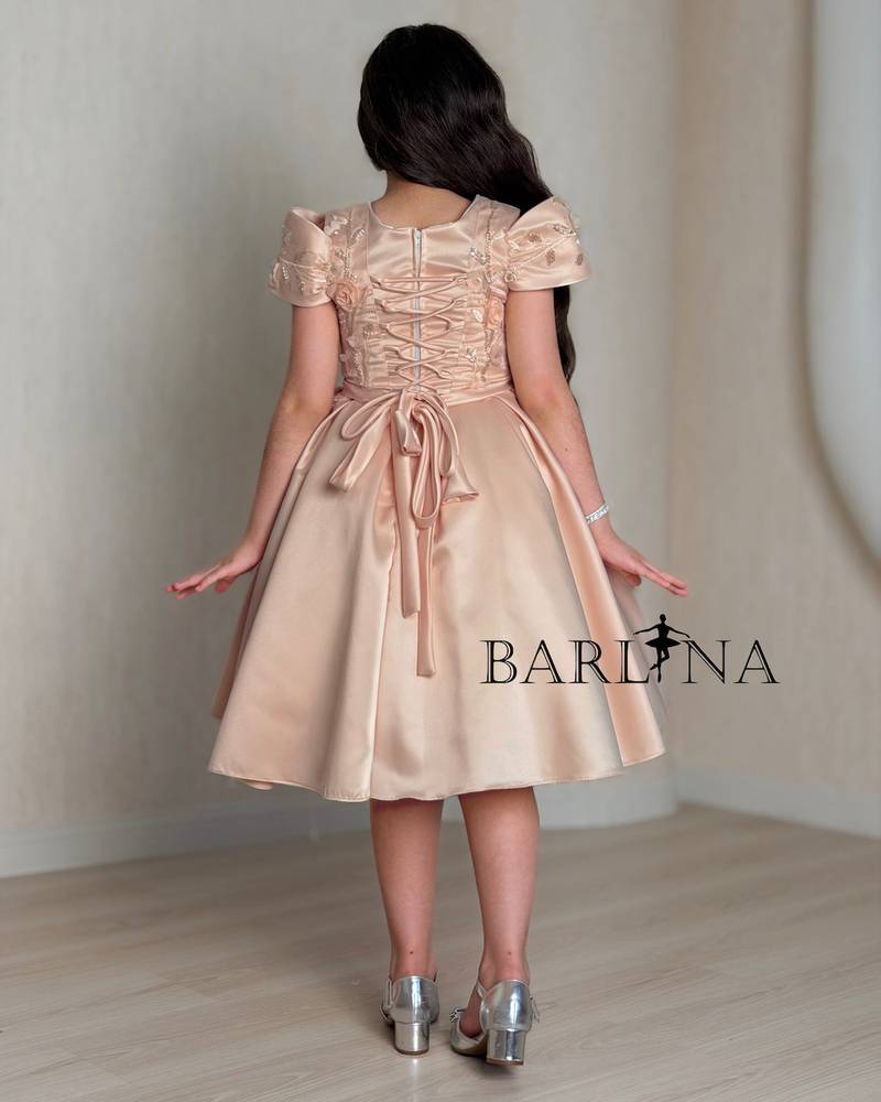 A girl's dress decorated with roses and sparkling embroidery