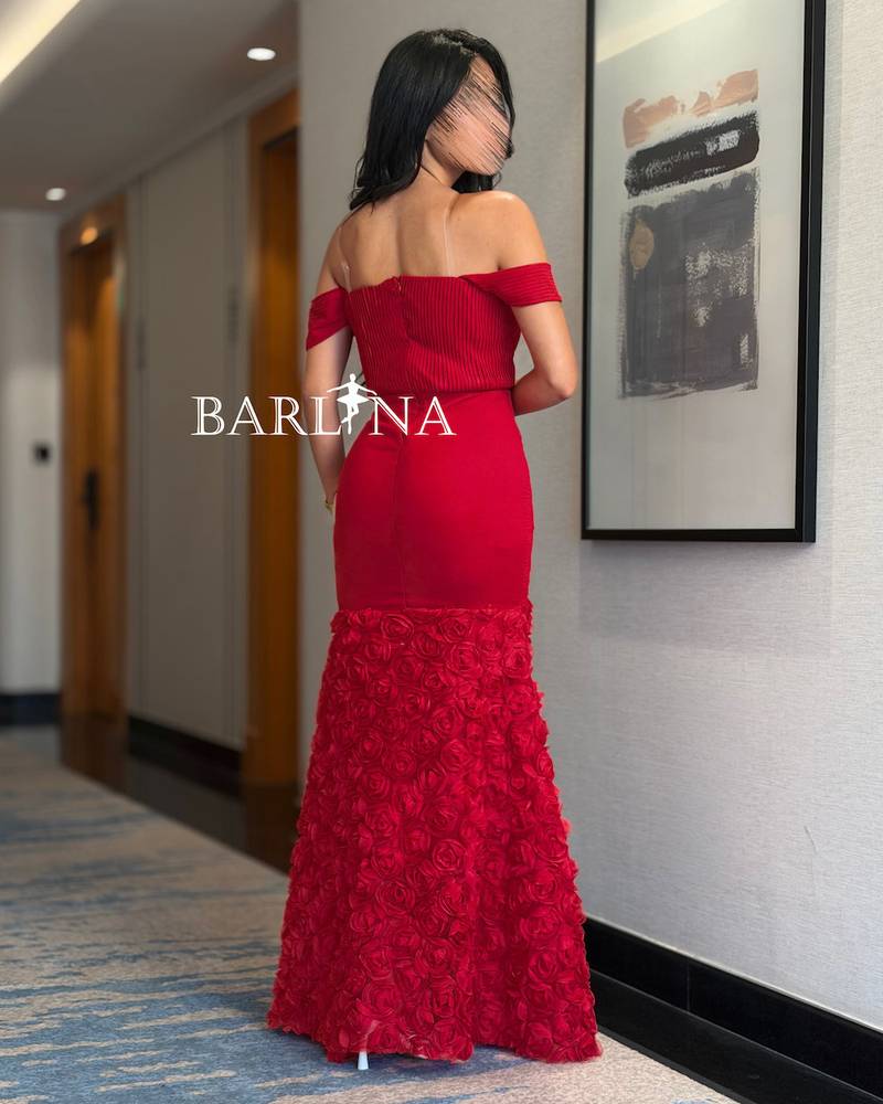 Red off-shoulder dress adorned with roses
