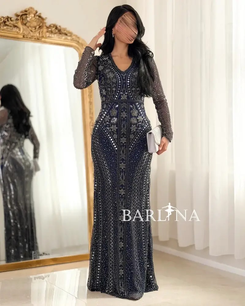 Luxurious navy blue evening dress with beadwork
