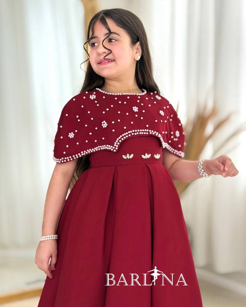 Girls' burgundy dress with short pearl cape