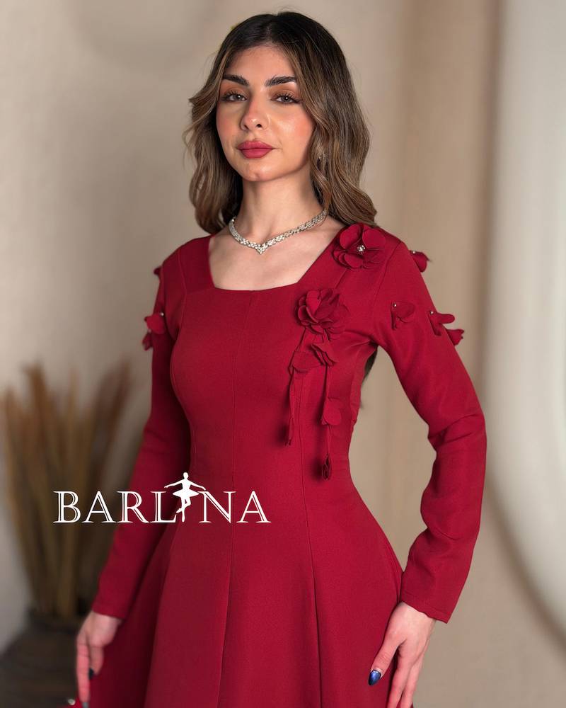 Red midi dress with floral details