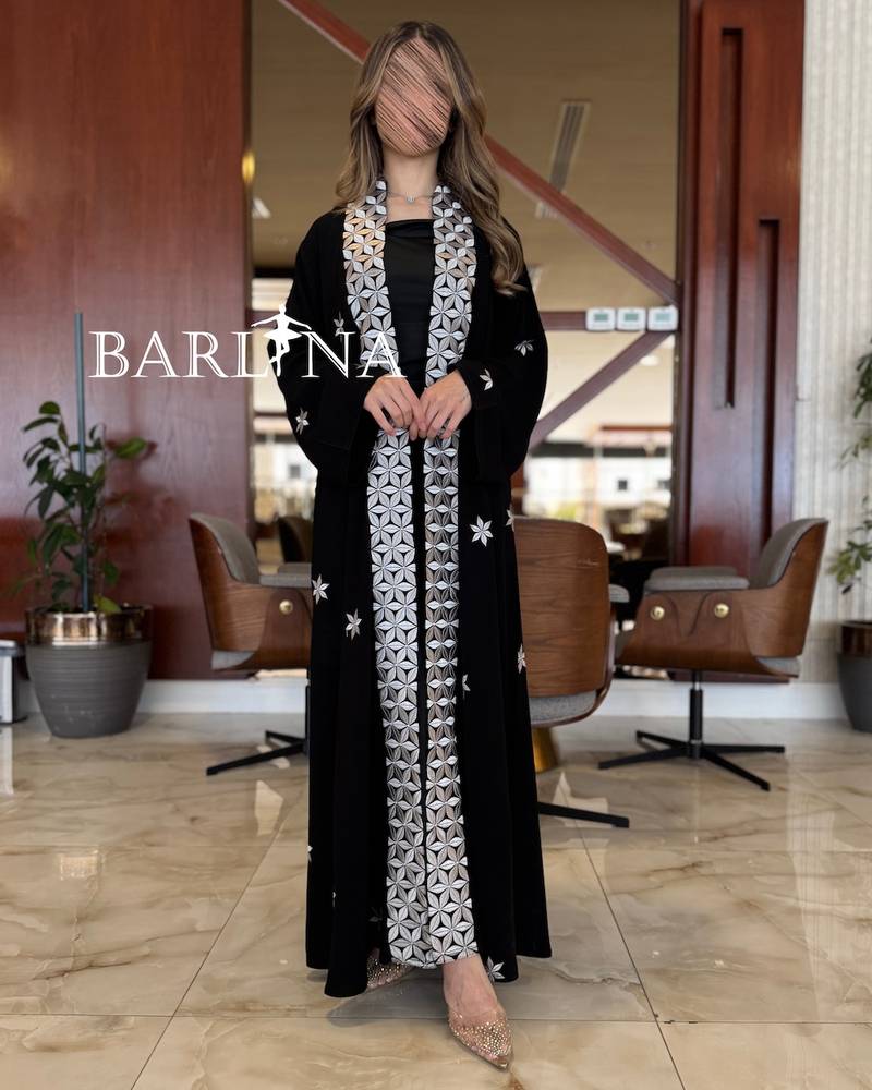 Royal black abaya with geometric embroidery