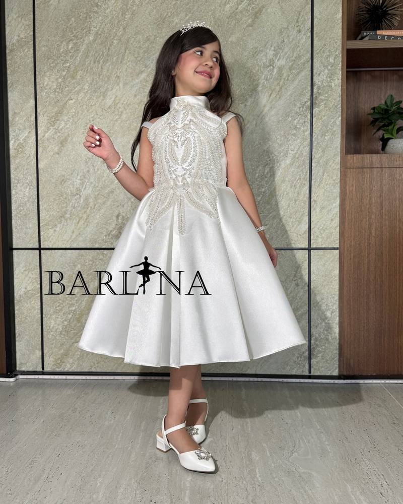 Girls' white royal dress with a high neck