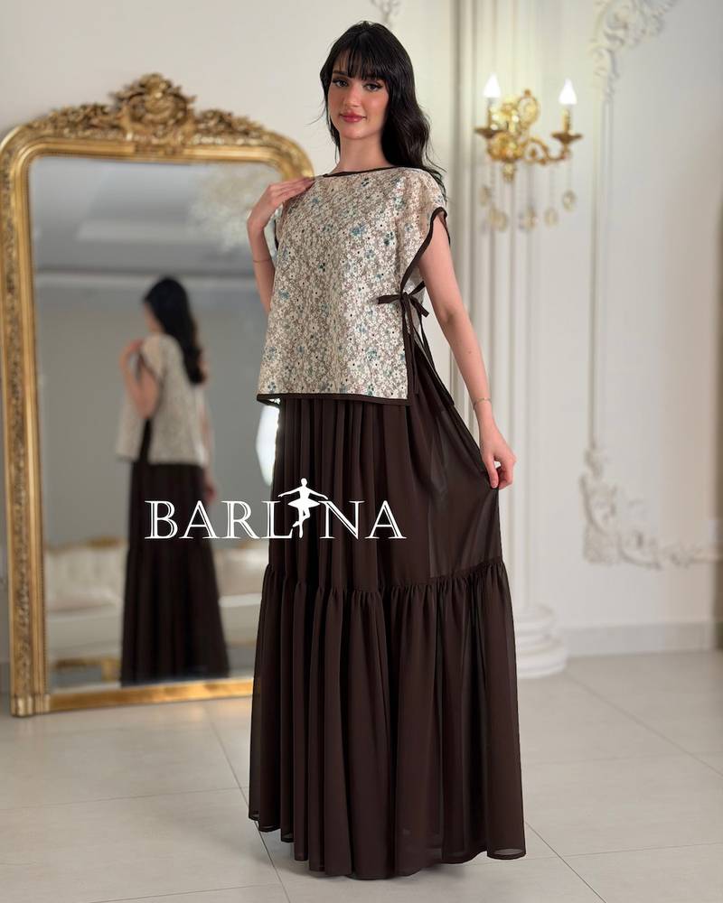 Brown jalabiya with a delicate patterned overlay