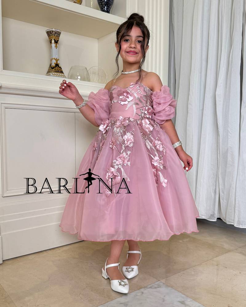 Girls' pink fluffy dress with triple embroidery