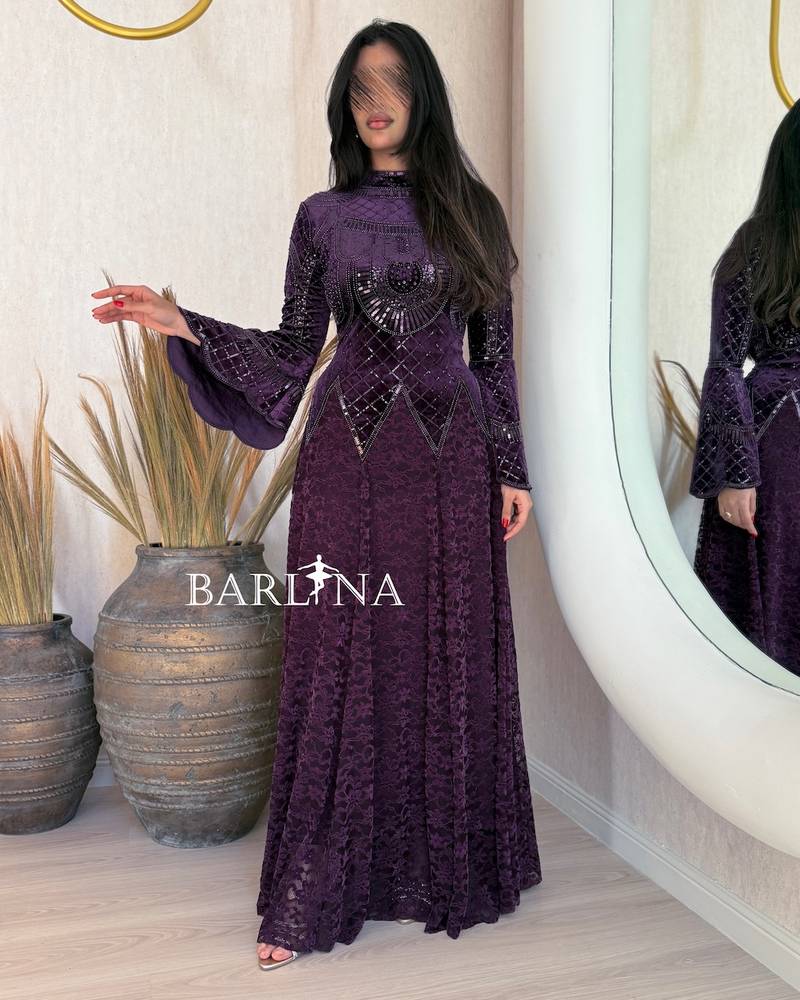 Luxurious purple dress with a high neckline