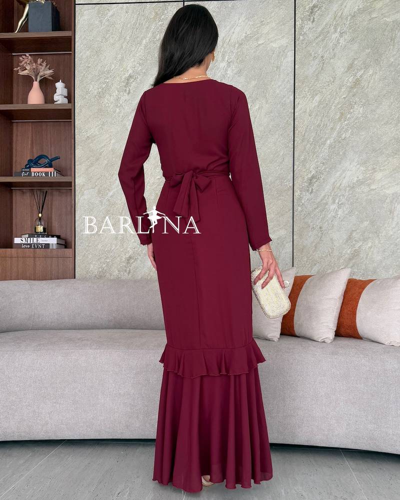 Modest burgundy dress with long sleeves