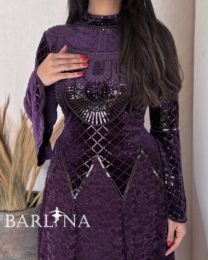 Luxurious purple dress with a high neckline