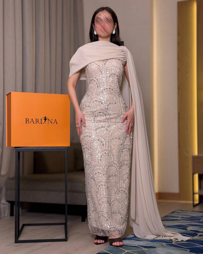 Luxurious beige sequined evening dress