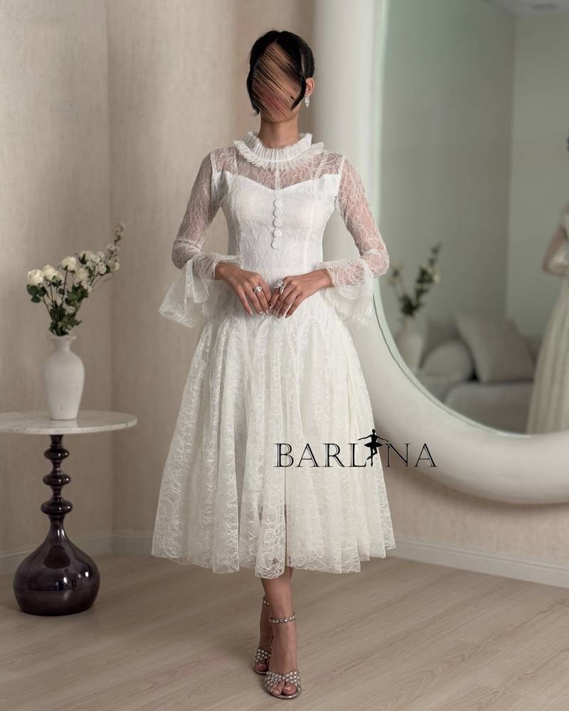 Elegant high-neck midi lace dress