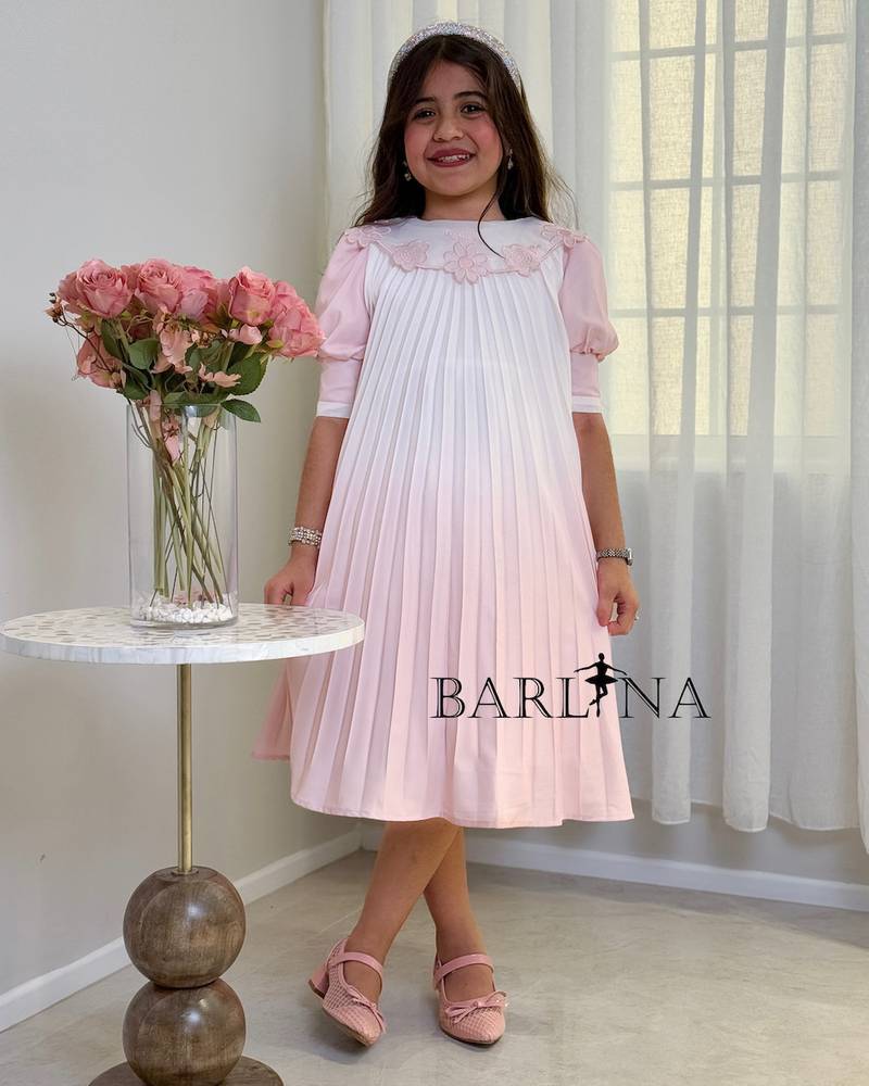 A soft, pleated girl's dress with embroidered flowers