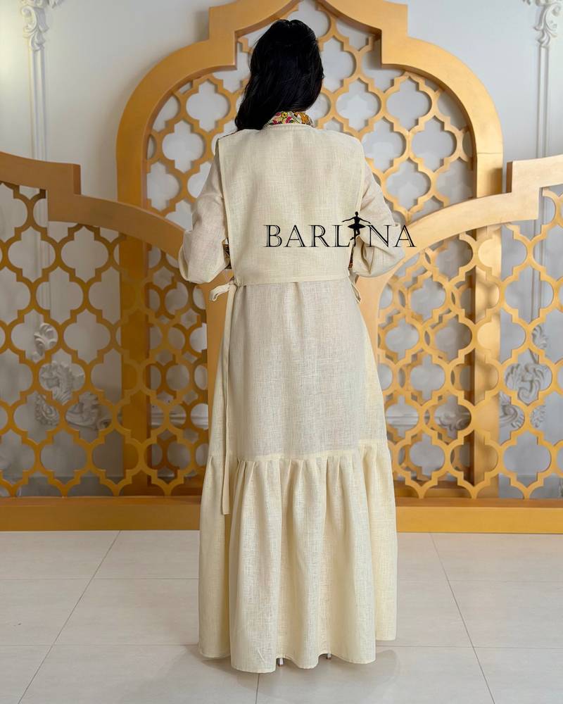 Beige jalabiya with colorful embroidery and a waist belt