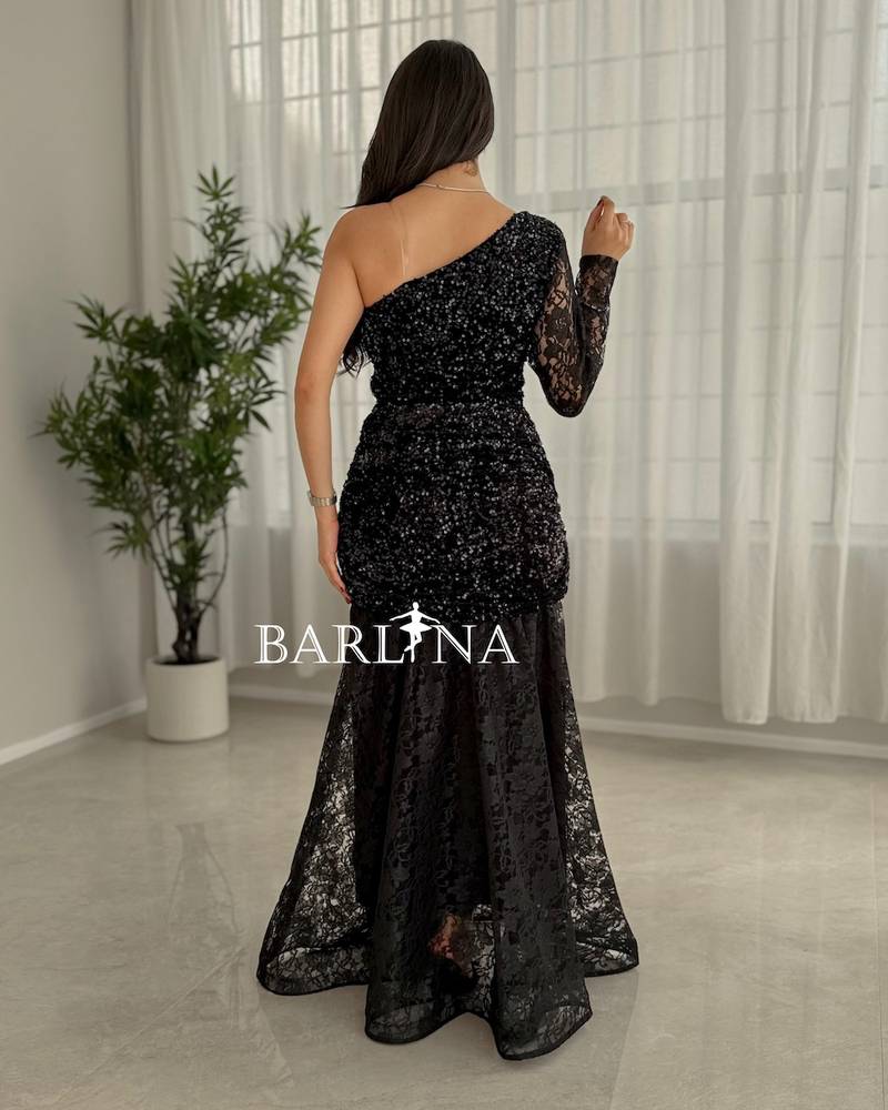 Black one-shoulder dress with lace sleeves