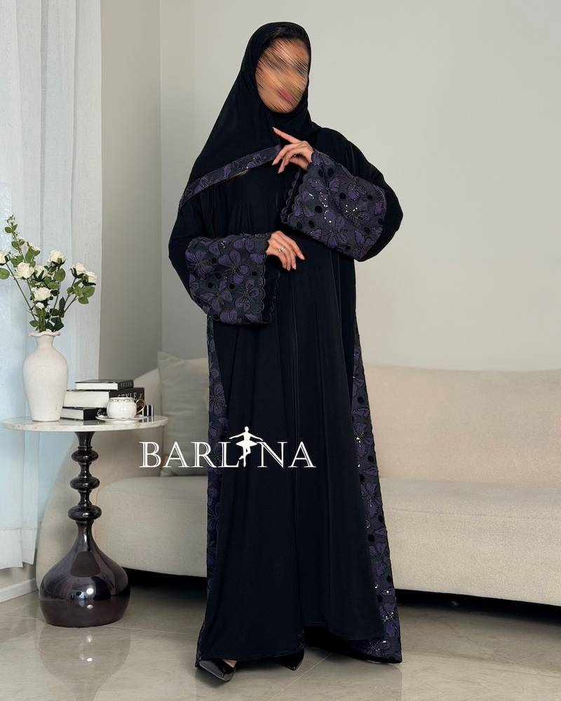 Luxurious black abaya with purple embroidery