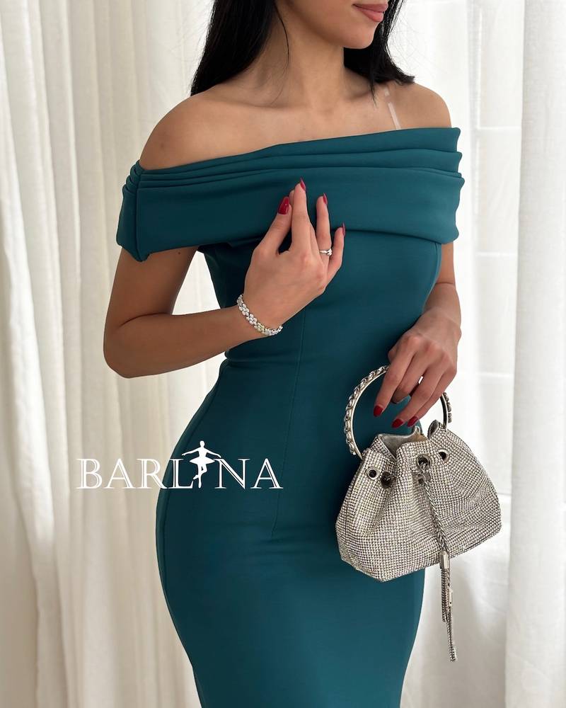 Petrol green dress with shoulder pleats