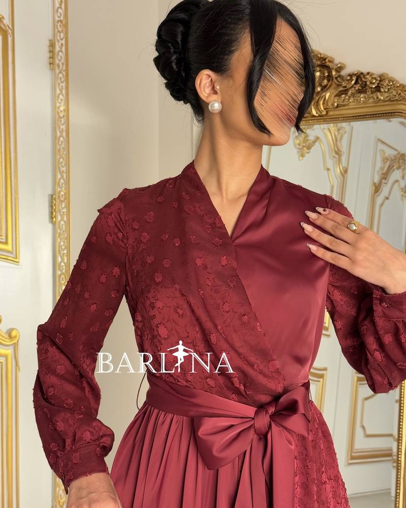 Burgundy wrap dress with side belt and sleeves