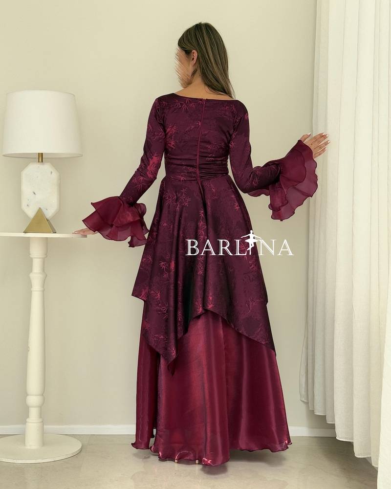Burgundy floral dress with asymmetrical layers